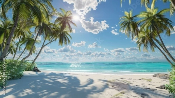 Fototapeta Scenic tropical beach with palm trees, azure waters, and bright sunshine under a blue sky with fluffy white clouds. Perfect vacation destination.