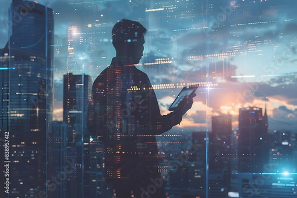 Obraz economist with financial forecast hologram and man on tablet predicting, digital economics, and dusk overlay. generative ai