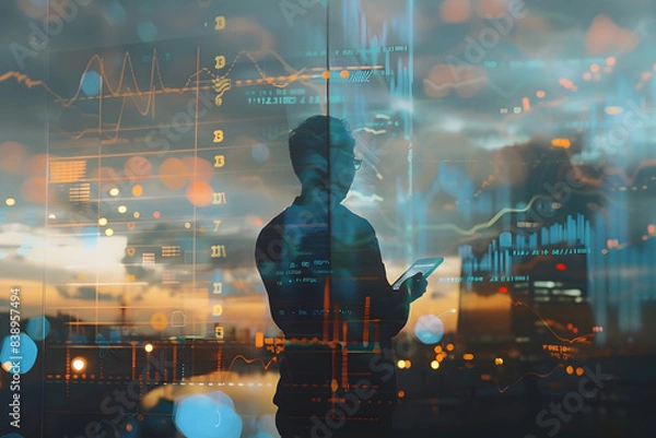 Obraz economist with financial forecast hologram and man on tablet predicting, digital economics, and dusk overlay. generative ai