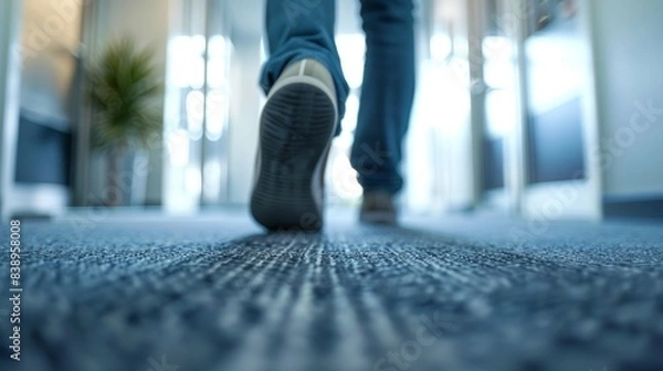 Fototapeta A man is walking in a hallway with a blue background