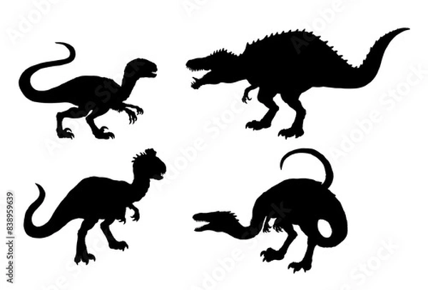 Fototapeta Black silhouette of carnivorous dinosaurs. Velociraptor, Acrocanthosaurus, Crylophosaurus and Coelophysis. Icon illustration.	