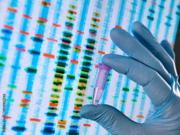 Fototapeta Scientist holding a DNA sample with the results on a computer sceeen in a laboratory