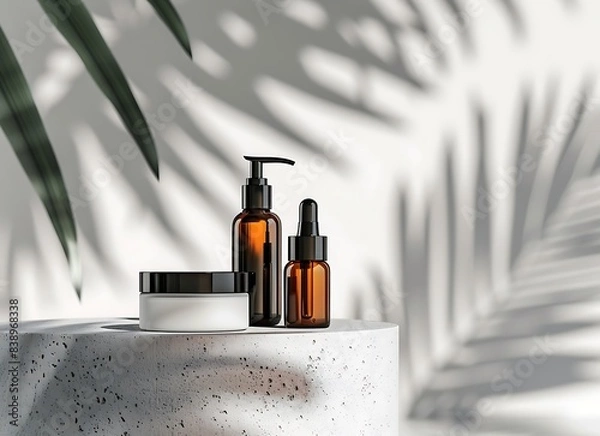 Obraz foil brown glass bottles with a black cap and face cream jar on a white stone podium, a green palm