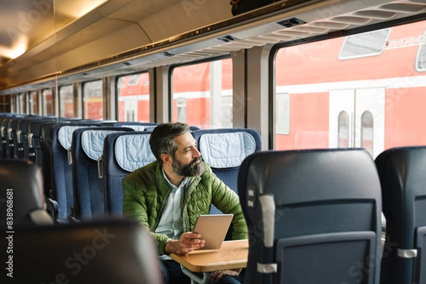 Obraz Man sitting in train holding tablet