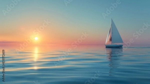 Fototapeta A solitary sailboat gliding across calm waters towards a distant horizon.