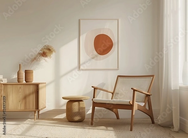 Obraz Midcentury modern interior design of a living room with a poster on the wall, an armchair and a wooden side table, a beige carpet, and minimalistic home decor in the scandinavian style