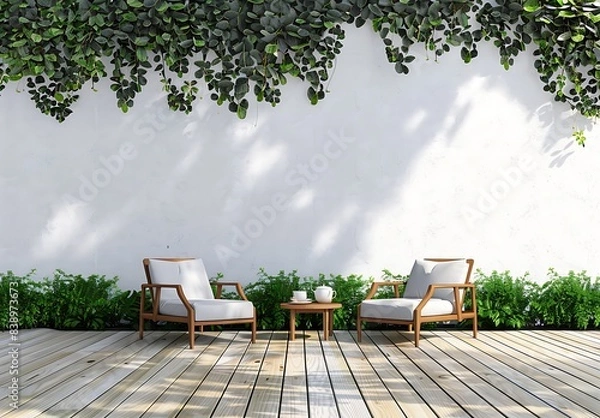 Obraz minimal modern outdoor garden lounge area with white wall, wood floor and grass wall background, two chairs, side table with tea set, green plants, 3d rendering illustration mock up