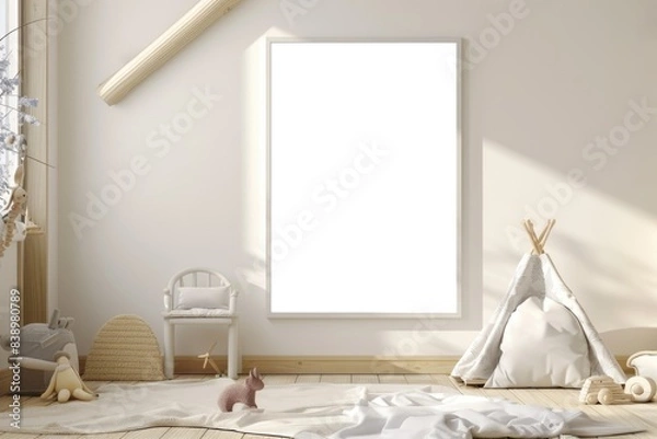 Fototapeta Modern Nursery Room Interior with Blank Poster Frame and Play Tent