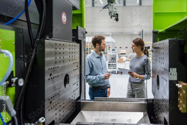 Fototapeta Colleagues in high tech company controlling manufacturing machines, using digital tablet