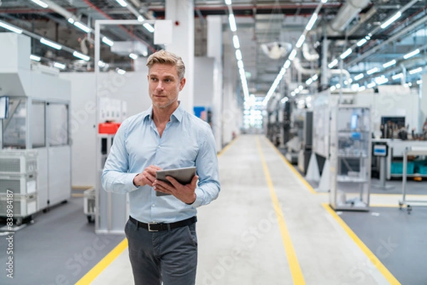 Fototapeta Businessman using tablet in a modern factory