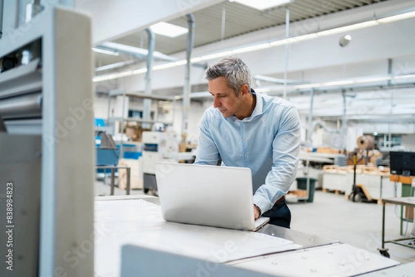 Fototapeta Businessman using laptop in factory