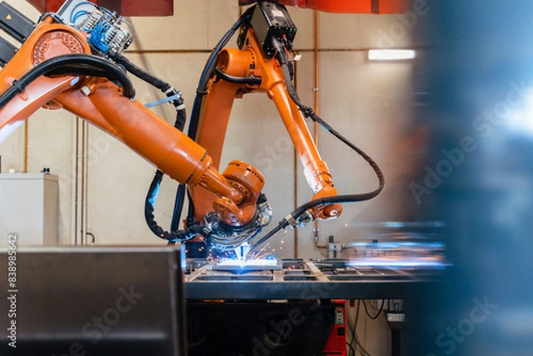 Fototapeta Robotic arms welding in industrial factory