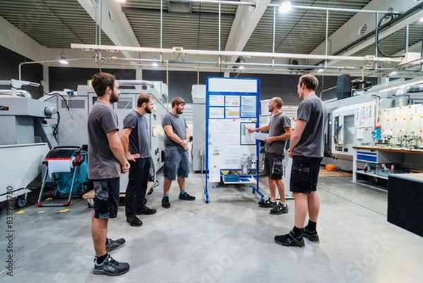 Fototapeta Maintenance engineers planning over chart on whiteboard while standing in meeting at industry