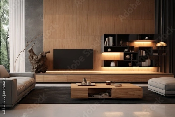 Fototapeta Elegant living room design featuring a sleek tv stand, wooden wall panels, and cozy sofa
