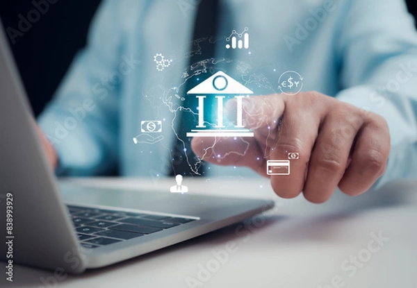 Fototapeta Online payments, Businessman showing icon online banking and icon network connection, Technology and business finance concept, Shopping and digital technology on virtual screen, Global business.