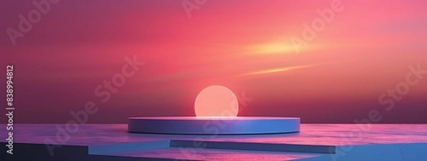 Fototapeta horizontal image, front view, violet 3d podium, red sunset background. For design, banner, product, contest, advertisement, presentation, card, flyer, poster