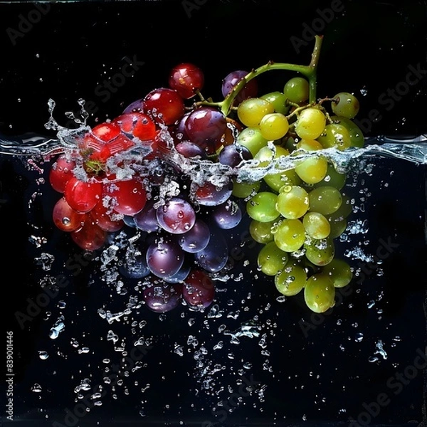 Fototapeta Luscious Grapes Falling into a Black Water Tank: A Colorful Contrast of Freshness