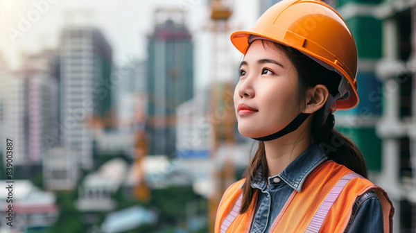 Fototapeta Portrait of a young construction worker woman with safety helmet letting see city buildings under construction on white background with copy space 
