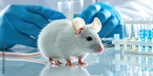 Fototapeta A white mouse is standing on the table with some test tube on background in lab