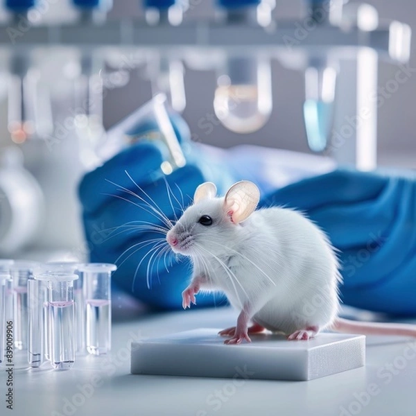 Fototapeta A white mouse is standing on the table with some test tube on background in lab