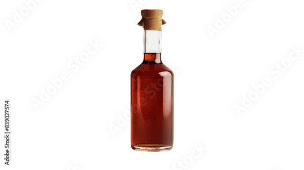 Fototapeta Glass bottle filled with amber liquid and cork stopper against a transparent background. Minimalistic and clean design for food and drink packaging.