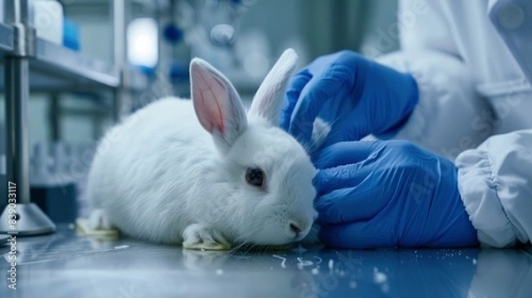 Fototapeta a scientist wearing blue gloves examine a white rabbit laying on a table in a lab