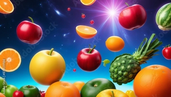 Fototapeta A stunning collection of vibrant fruits floating in a space-themed background, featuring apples, oranges, pineapples, and more. Perfect for creative and food-related concepts.. AI Generation