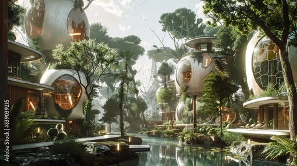 Fototapeta A futuristic cityscape with many buildings and a large body of water