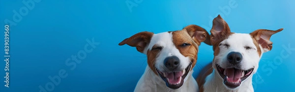 Fototapeta two tiny dogs standing togather and looking front with simple blue background