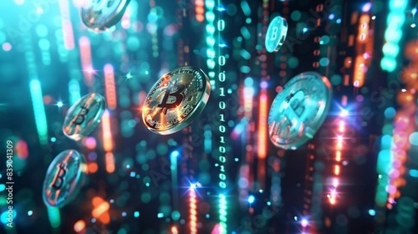 Obraz Futuristic Cryptocurrency Environment with Bitcoin and Digital Data Streams in Dynamic Motion -Generative AI