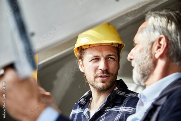 Obraz Architect and worker talking at the window on a construction site