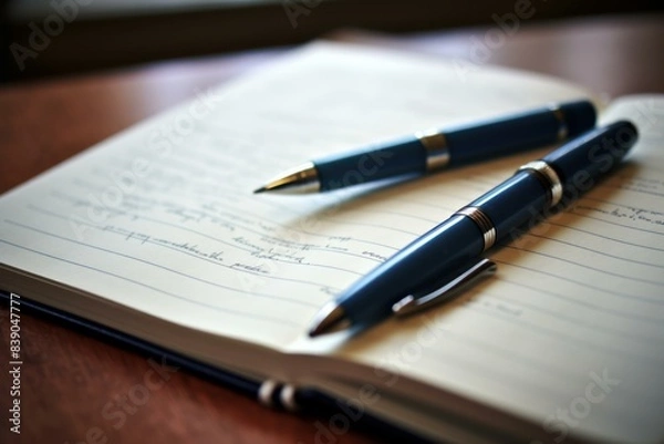 Fototapeta Close-up image of two luxurious blue pens on a notebook with cursive handwriting