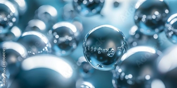 Fototapeta A close-up view of numerous shiny blue spheres suspended in a liquid, reflecting light