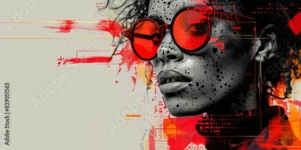 Obraz A close-up portrait of a woman wearing red sunglasses against an abstract digital art background