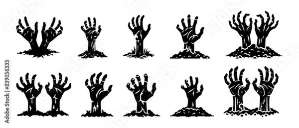 Fototapeta Zombie hand silhouette black filled vector Illustration icon. Collection of halloween silhouettes decorations icon and character. Witch, vampire, demon, creepy and spooky elements. 