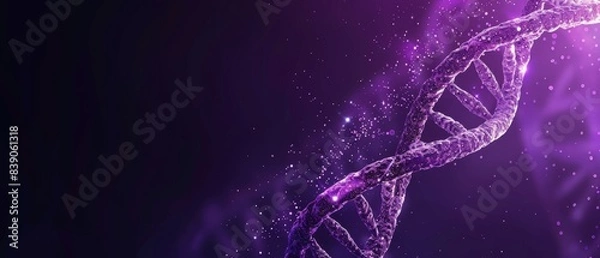 Fototapeta Close-up of a DNA double helix structure, illuminated in purple, representing genetic research, biotechnology, and molecular biology.