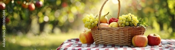 Fototapeta A wicker basket overflowing with fresh fruits, placed on a checkered picnic cloth, outdoor setting, sunny day, high definition, great for picnic and outdoor activity advertisements