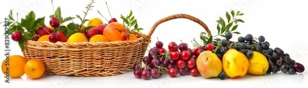 Fototapeta A wicker basket filled with fresh fruits and banknotes scattered around it, isolated on a white background, vibrant and luxurious, perfect for themes of wealth and abundance