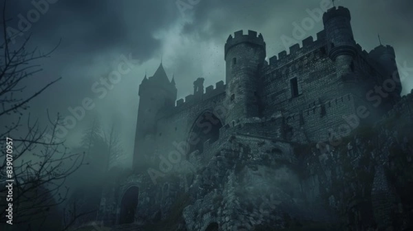 Fototapeta Mysterious medieval castle shrouded in fog. Gloomy, atmospheric scene perfect for fantasy stories, films, and games.