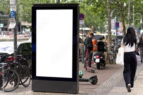 Fototapeta Empty white billboard portrait format on the street.