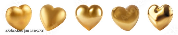 Fototapeta Set of golden hearts with smooth surface, transparent or isolated on white 