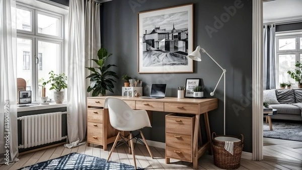 Fototapeta a framed art print hangs on a wall above a desk.