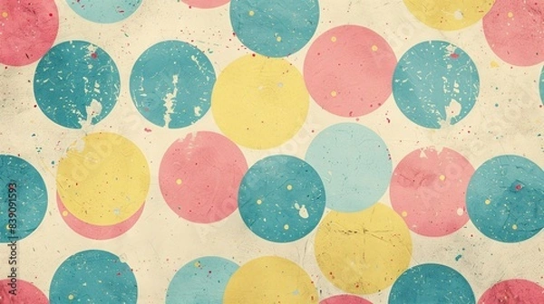 Obraz Retro multicolored polka dot pattern background in red, yellow, and blue with a distressed vintage texture.