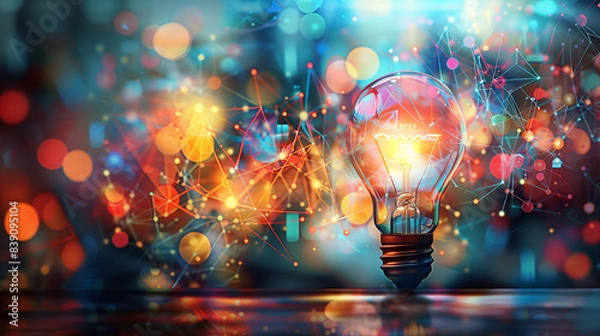 Fototapeta Close-up of a glowing light bulb with vibrant bursts of colors symbolizing creativity and innovation. 