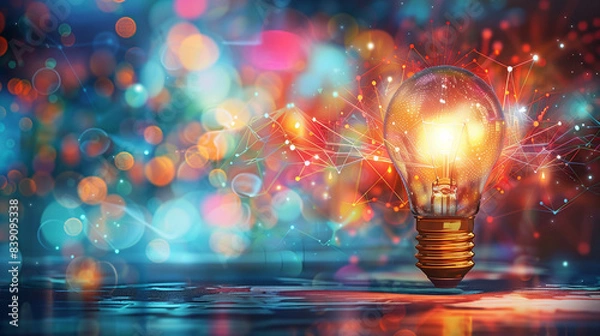 Fototapeta Close-up of a glowing light bulb with vibrant bursts of colors symbolizing creativity and innovation. 