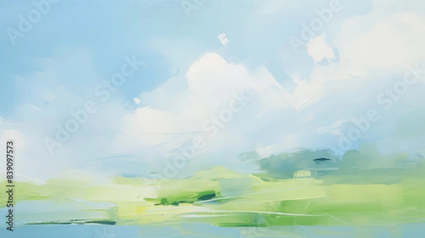 Fototapeta A minimalist landscape painting features a blue sky with puffy white clouds above a green and blue field