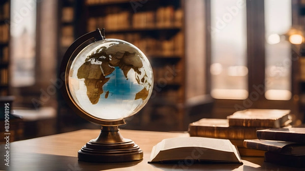 Obraz Crystal glass globe with  books and library background for environment and conservation. . Earth crystal glass globe ball. AI generated image, ai