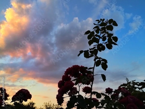 Fototapeta Dark outline of plants against a blue sky with colorful clouds