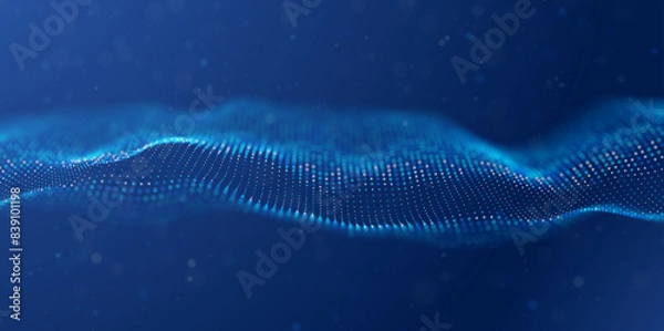 Fototapeta Abstract blue particle background. Flow wave with dot landscape. Digital data structure. Future mesh or sound grid. Pattern point visualization. Technology vector illustration.