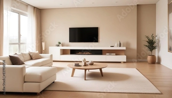 Fototapeta White sofa and a tv unit in a spacious room. Luxury home interior design of modern living room